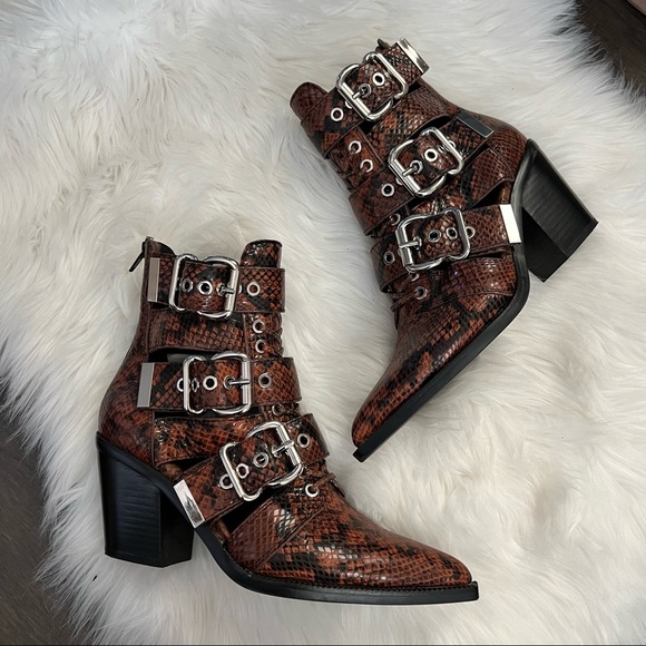 Jeffrey Campbell Shoes - Jeffrey Campbell Caceras snakeskin brown black buckle bootie boot ..like new